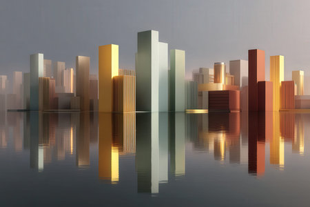 Colorful geometric cityscape with reflective water at sunrise