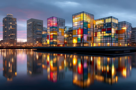 Vibrant cubic architecture reflecting on water in urban evening settingの写真素材