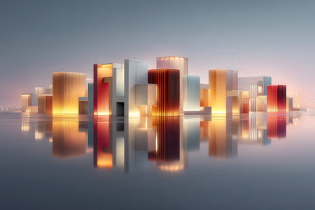 Futuristic urban skyline with illuminated modern buildings at duskの写真素材
