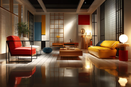 Modern living room with colorful furniture and elegant decor in contemporary style