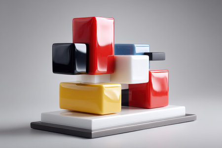 Geometric abstract sculpture with colorful cubes on gray background.