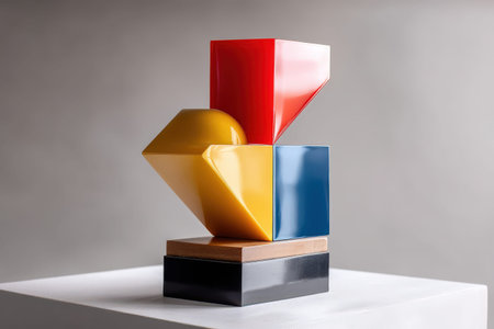 Colorful abstract sculpture with red, yellow, and blue geometric shapes on a white pedestal.の写真素材