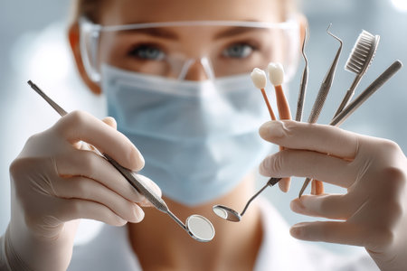 Female dentist holding dental instruments and models in a clinic setting.の写真素材