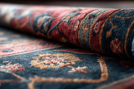 Intricate persian rug design with blue and red floral patterns.の写真素材