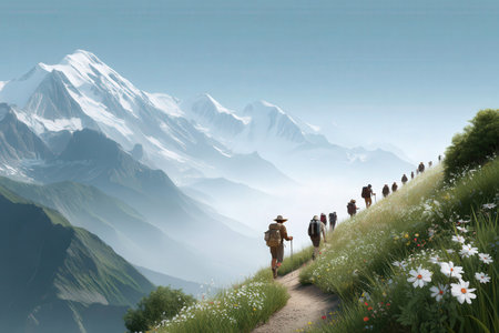 Hikers traverse scenic alpine trail with majestic snow-capped mountain views.の写真素材