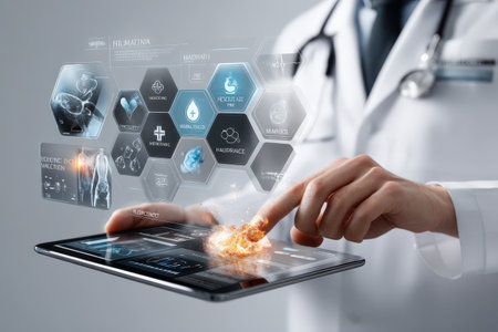Futuristic healthcare technology with a male doctor using a digital touchscreen interface.の写真素材