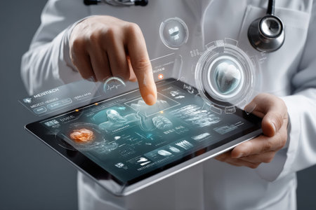 Futuristic healthcare technology: male doctor using digital interface on tablet.