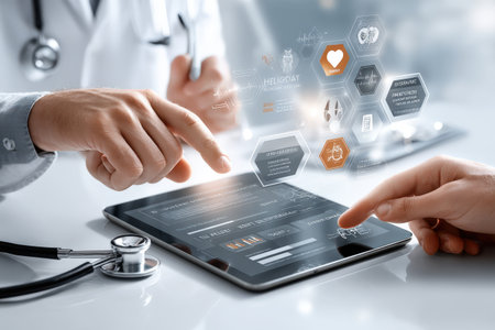 Healthcare innovation: caucasian male doctor analyzing interactive medical data on tablet in modern clinic.の写真素材