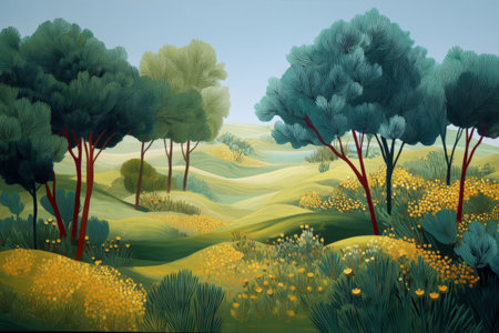 Vibrant summer landscape with lush greenery and blooming yellow flowers.の写真素材