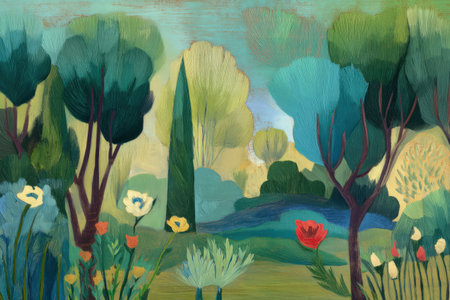 Vibrant abstract forest landscape with colorful flowers and trees.の写真素材