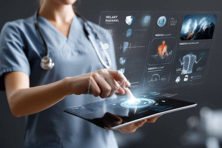 Female Asian young doctor using futuristic digital interface in medical environment.の写真素材