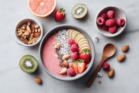 Healthy fruit smoothie bowl with berries, nuts, and seeds on marble surface.の写真素材