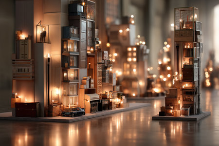 Glowing model city with illuminated buildings and tiny lights at night.の写真素材