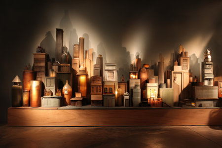 Intricate wooden miniature cityscape with illuminated buildings.の写真素材