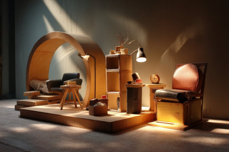 Cozy cardboard miniature living room with armchairs, lamp, and clock.の写真素材