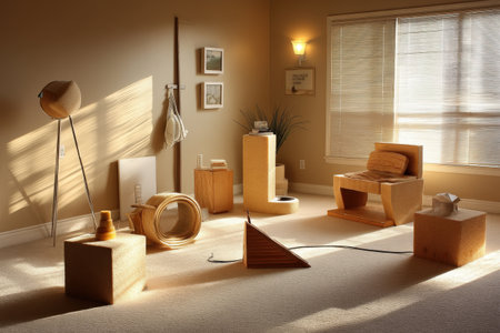 Modern minimalist living room with geometric furniture and warm lighting.の写真素材