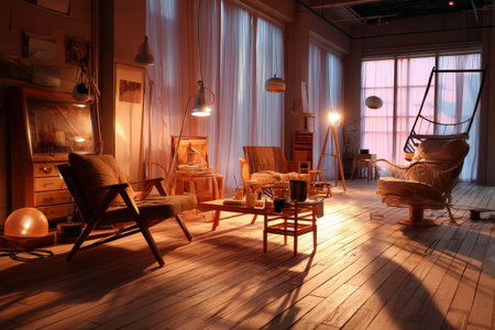 Cozy vintage living room with warm lighting and stylish furniture.の写真素材