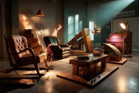 Cozy vintage living room with leather chairs and warm lighting.の写真素材