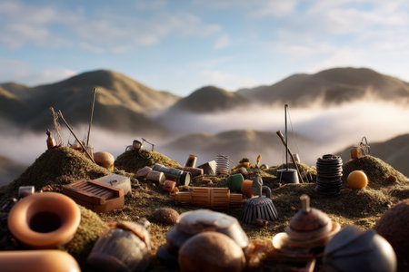Tiny mountainous landscape with miniature instruments and misty hills.の写真素材