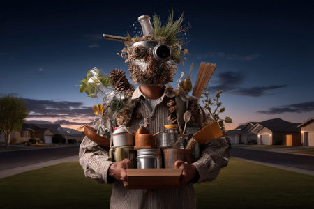 Surreal portrait of a caucasian male with nature-inspired face in suburban setting at dusk.の写真素材