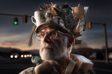 Mature caucasian male with creative hat made from recycled items at intersection.の写真素材