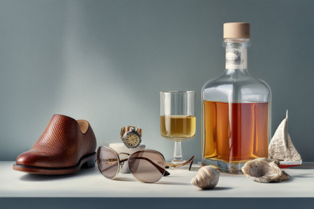 Luxurious still life with whiskey, shoes, sunglasses, and nautical elements.の写真素材