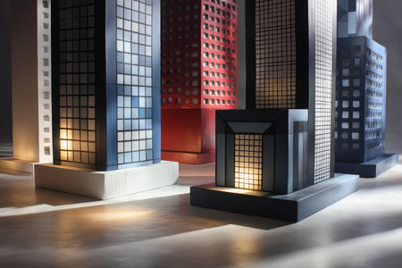 Illuminated architectural models with colorful geometric designs.の写真素材