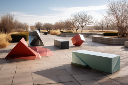 Modern outdoor art installation with geometric sculptures in park setting.の写真素材