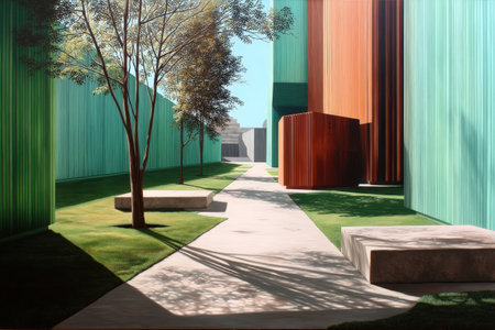 Modern urban park with colorful architecture and greenery.の写真素材