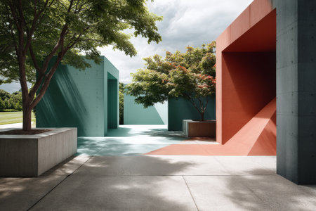 Modern architectural outdoor space with bold colors and geometric design.の写真素材