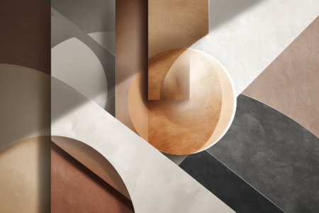 Abstract geometric art with circular and linear shapes in earth tones.の写真素材