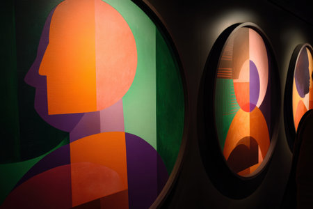 Abstract oval portraits in vibrant colors at art exhibition.の写真素材