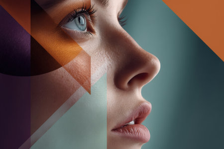 Young caucasian female with geometric overlays and artistic facial detail.の写真素材