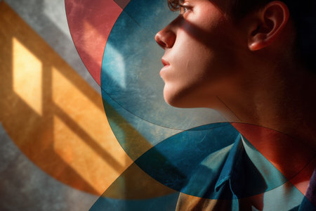 Abstract portrait of young caucasian male with colorful geometric overlay and dramatic lighting.の写真素材
