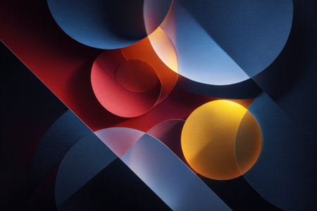 Abstract geometric composition with circles and overlapping shapes in bold colors.の写真素材