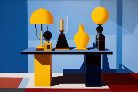 Modern geometric still life with yellow and black objects in sunlit room.の写真素材