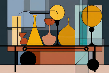 Modern geometric still life with abstract shapes and bold colors.の写真素材