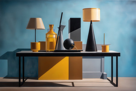 Modern geometric still life with lamps and shapes on table with blue background.の写真素材