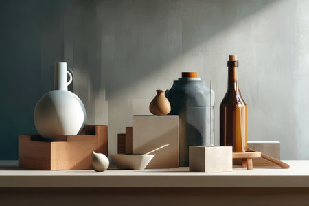 Modern still life with geometric forms and ceramic vessels.の写真素材