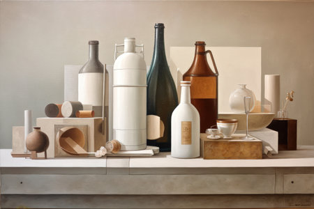 Eclectic still life with bottles and geometric objects on a wooden table.の写真素材