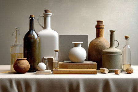 Still life composition with assorted bottles and vases on a neutral background.の写真素材