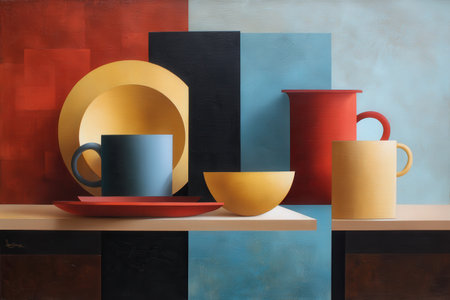 Geometric still life with colorful dishes and cups on abstract background.の写真素材