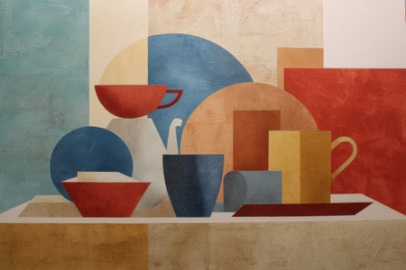 Abstract geometric still life with colorful dishes and cups in modern style.の写真素材