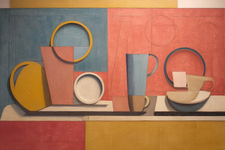 Abstract still life with geometric shapes and pastel colors.の写真素材