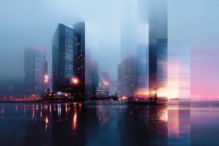 Futuristic urban skyline at dusk with reflective water.の写真素材