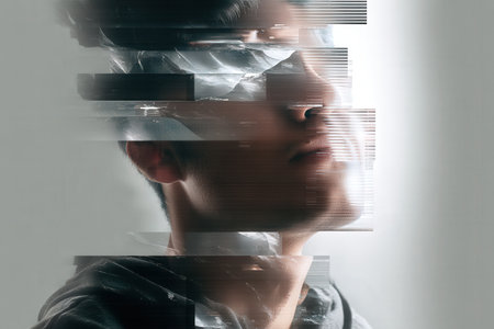 Abstract digital art of young Asian male with glitch effect and fragmented layers.の写真素材