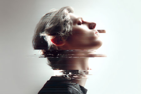 Glitched portrait of young caucasian male with silver hair in side profile view.の写真素材