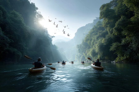 Group kayaking adventure in serene river surrounded by lush forest.の写真素材