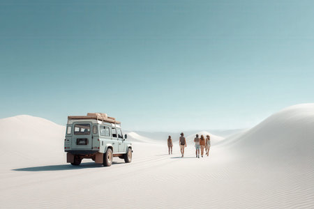 Group of people exploring desert landscape with off-road vehicle.