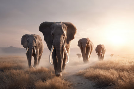 Majestic elephants in dusty savannah at sunset.の写真素材